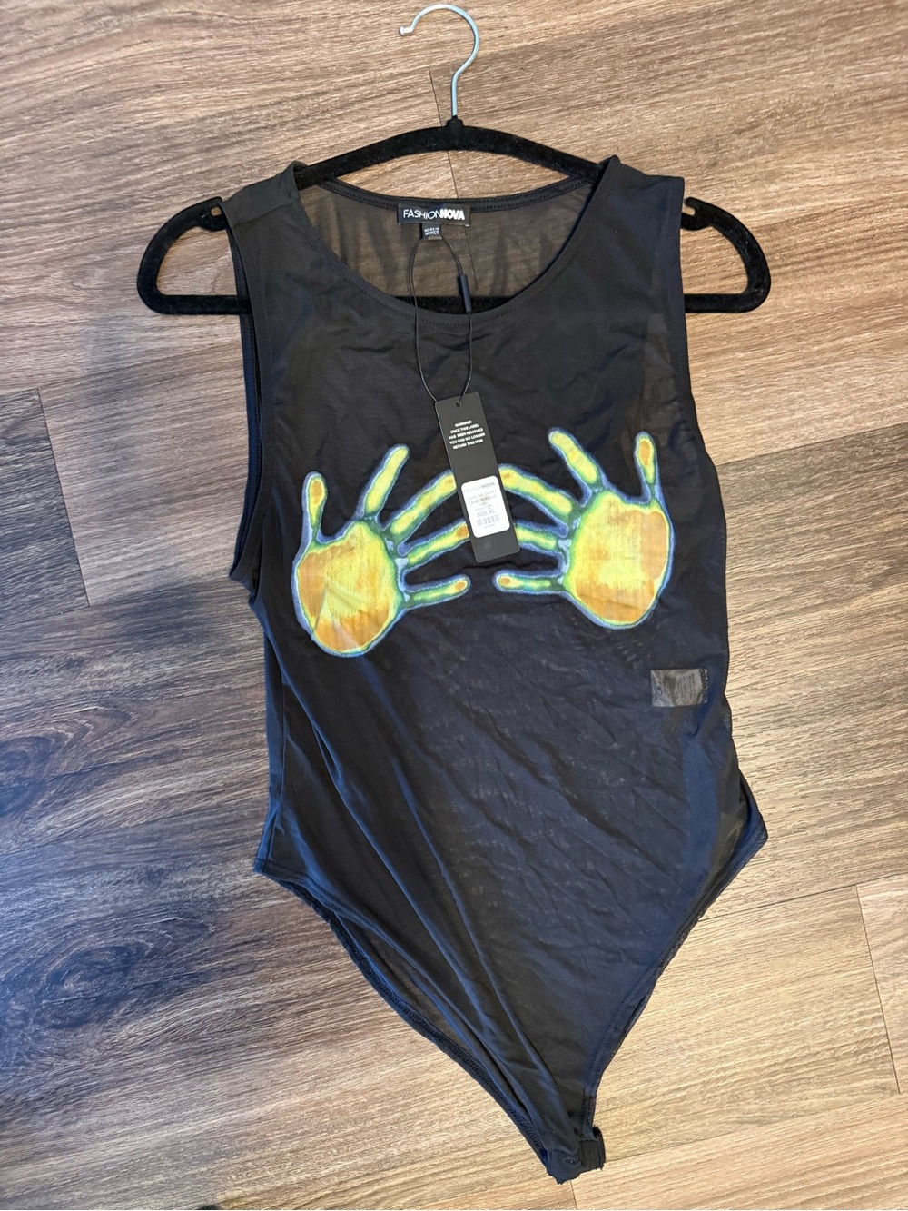 Fashion Nova Black Mesh Bodysuit with Green and Yellow Handprint Accents